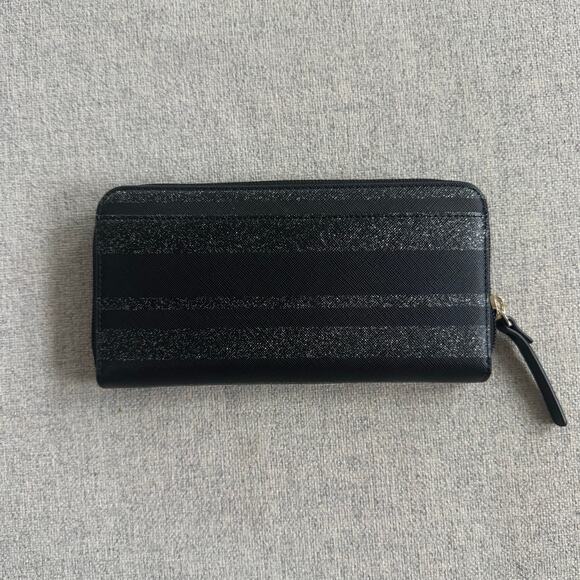 Kate Spade New York Haven Lane Neda Zip Around Wallet in Black w/ silver stripes - Picture 2 of 9